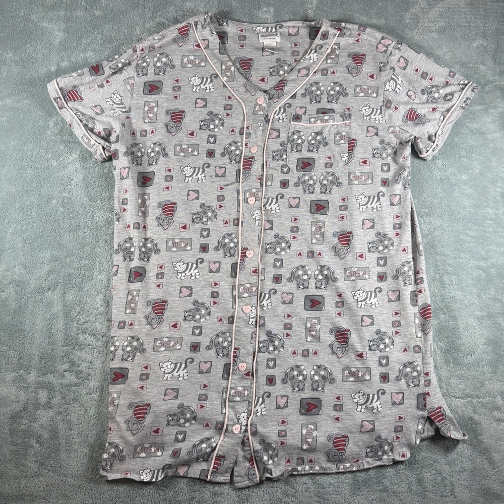 Fashion Bug Vintage Cat Print Nightshirt Gray Pink Heart Buttons Plus 18/20W